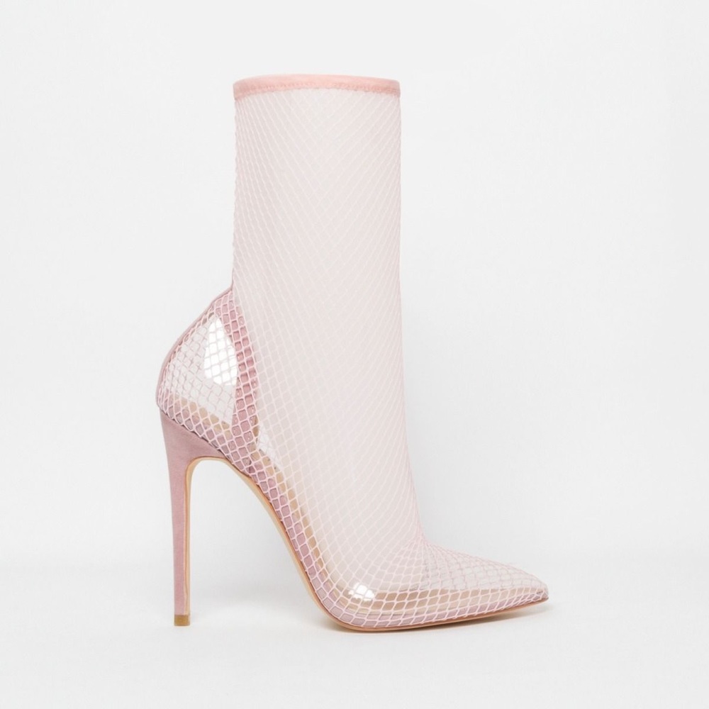 Baby pink clear fishnet bootie heels